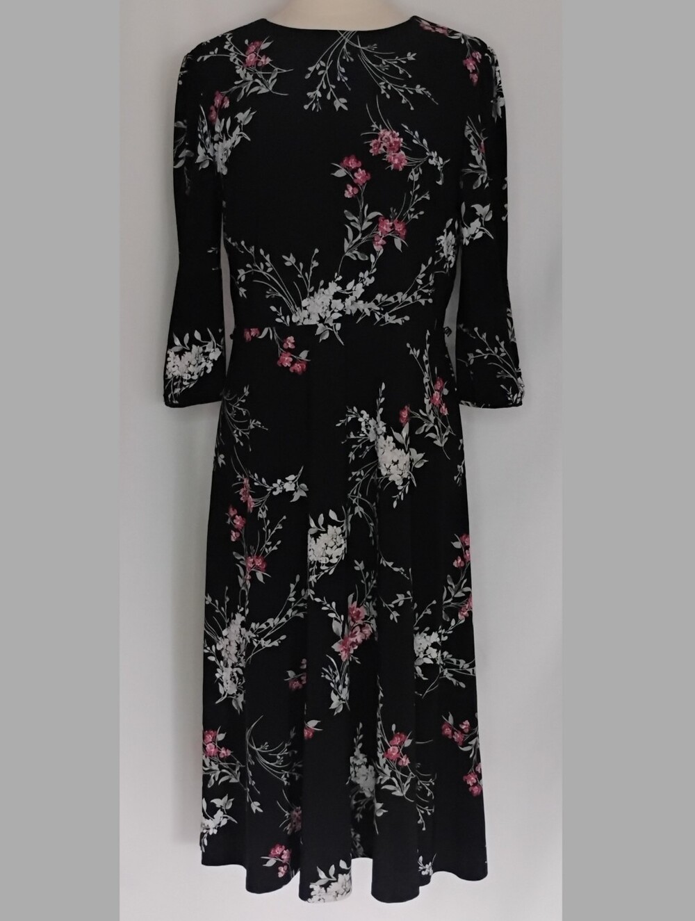 Ralph Lauren Size 14 Black Floral Midi Shift Dress 3/4 Sleeves A-Line Flowers